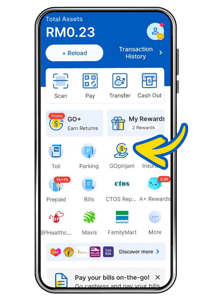 Launch Touch n Go eWallet & tap on GOpinjam icon