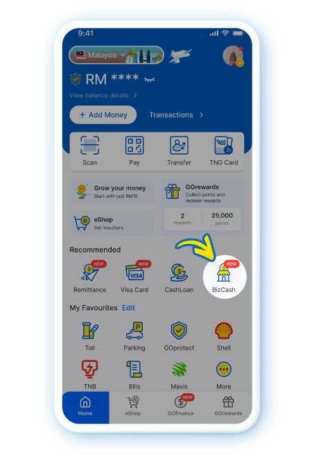 Tap on "BizCash" from your eWallet's homepage or Merchant DashBoard