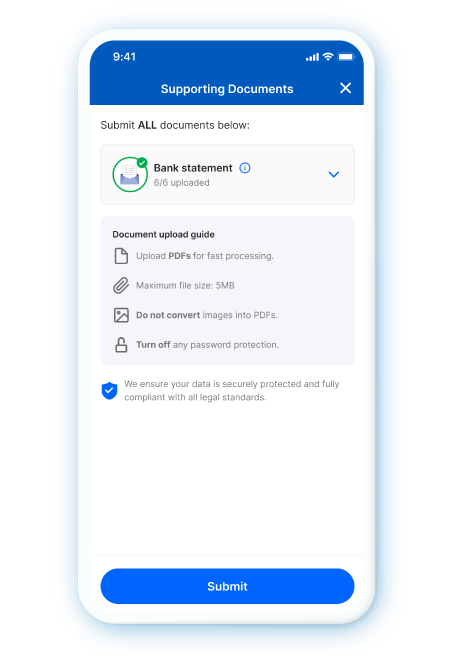 Upload your bank statements then hit “Submit”