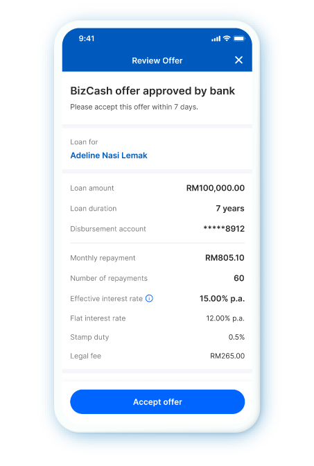 You will receive a push notification when your loan has been approved. Review and tap “Accept Loan Offer" button