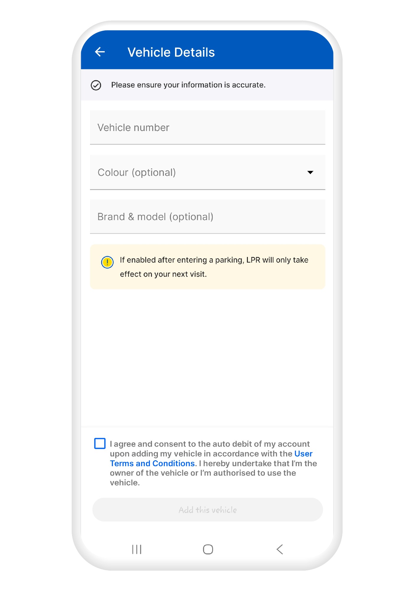 Fill in the details needed for your vehicle and tap on the “Add this vehicle” button.